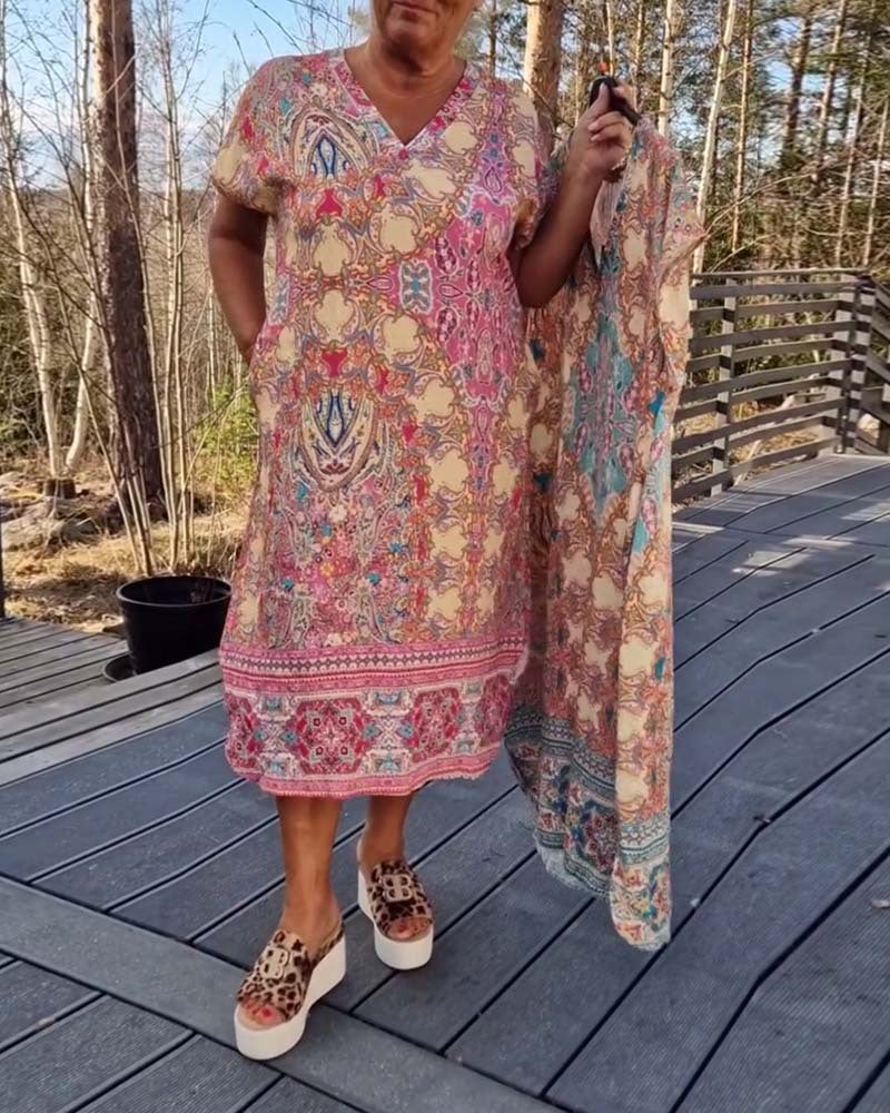 Dame Kaftan-kjole med koordineret tørklæde og sidelommer Stilla