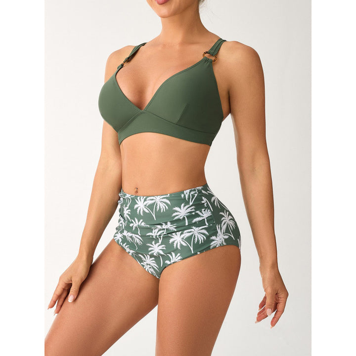 Dame Bikini-sæt med høj talje og moderne palmeprint Skovae