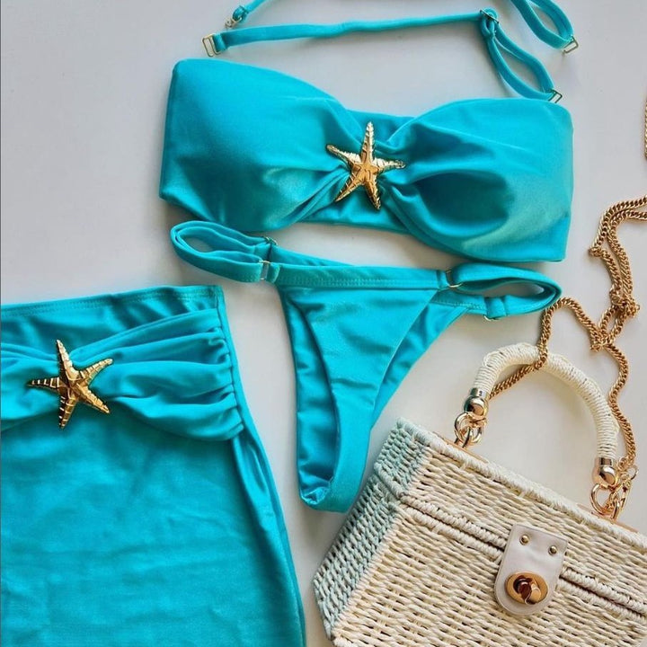 Dame bikini-sæt med glitrende detaljer og elegant nederdel Stilla