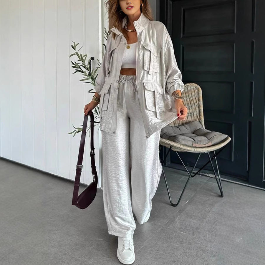 Dame Casual-Look Utility-Sæt i skinnende stof med lommer Stilla