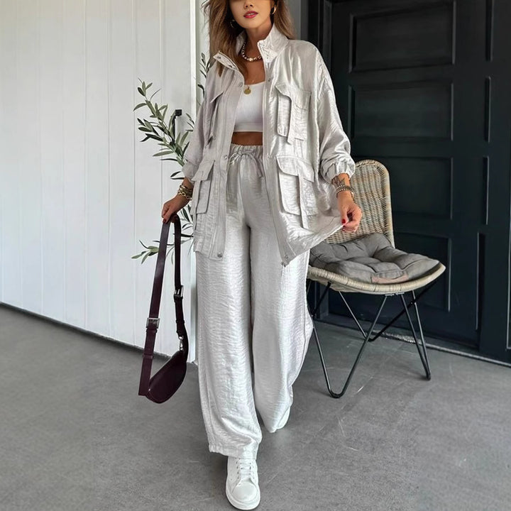 Dame Casual-Look Utility-Sæt i skinnende stof med lommer Stilla