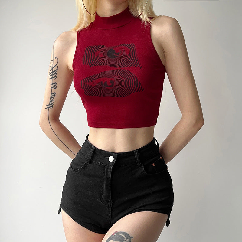 Dame Cropped-Top med høj krave og moderne grafikdetaljer Stilla