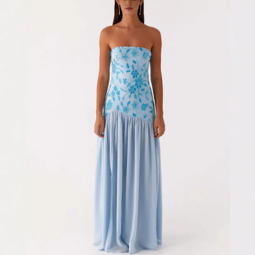 Dame strapless maxikjole med elegant blomsterbroderi Stilla
