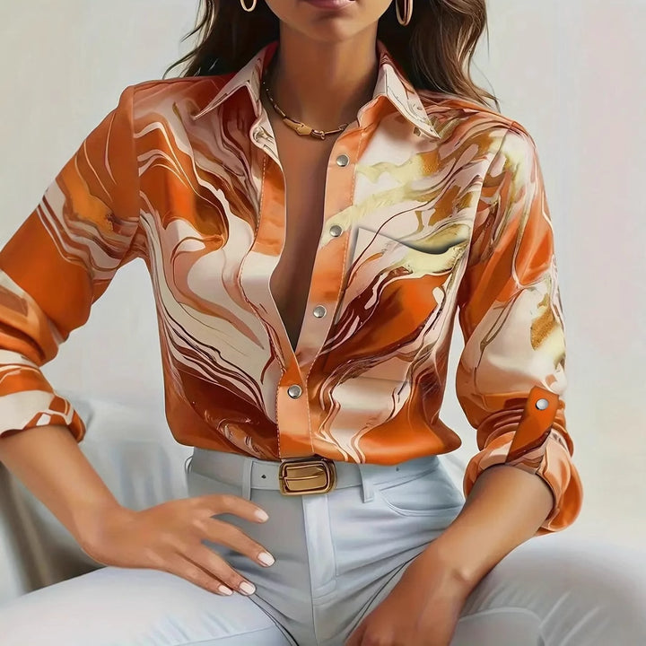 Dame elegant bluse med marmoriseret design og smart ståkrave Stilla