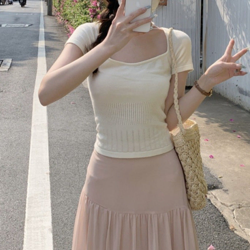 Femme Ribbet Kort Ærme Crop Top Stilla
