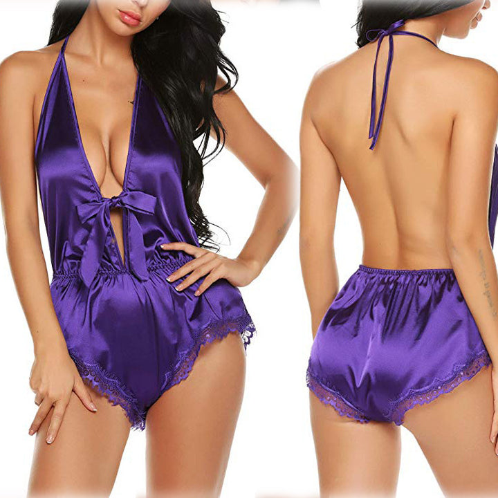 Dame Satin Halterneck Bodysuit med Spidsbesætning Stilla