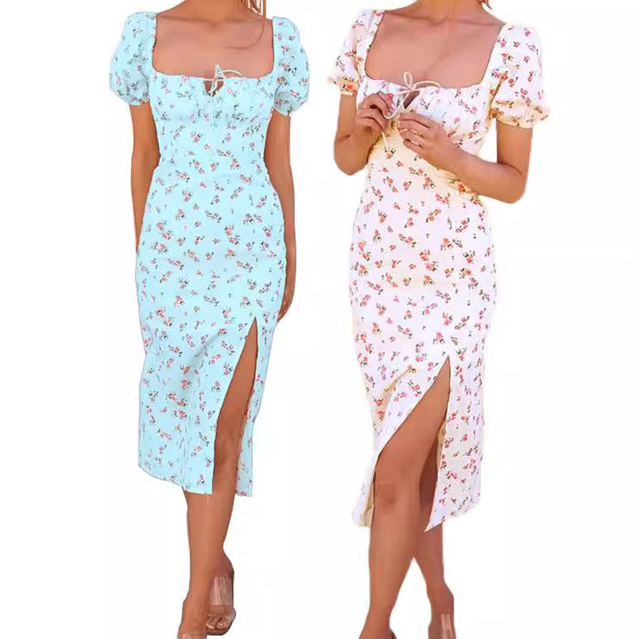 Dame Midi-kjole med floralt design og sideløbende split Stilla