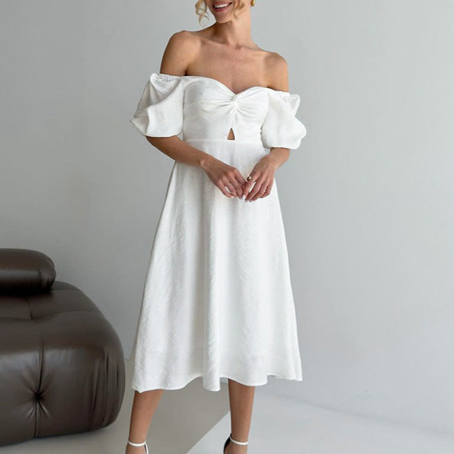 Dame Midi-Kjole med off-shoulder design og voluminøse puffærmer Stilla