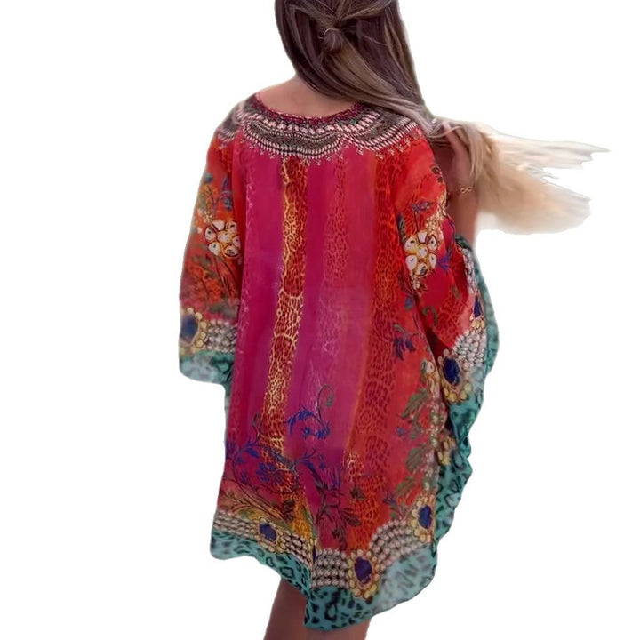Dame nan kort tunika-kaftan med udsmykket V-udskæring og blomster-dyrisk kant Skovae