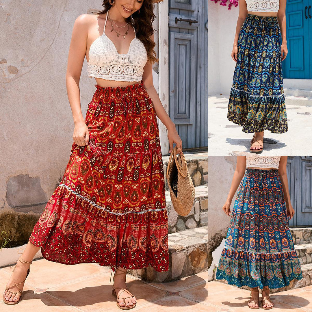 Dame Maxi-nederdel med lagdelt flæsekant og kunstnerisk tryk Stilla