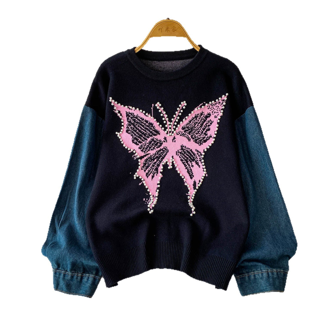 Dame Elegant Sweater med Sommerfugl Motiv og Denim Ærmer Stilla