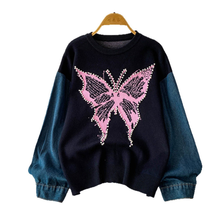 Dame Elegant Sweater med Sommerfugl Motiv og Denim Ærmer Stilla