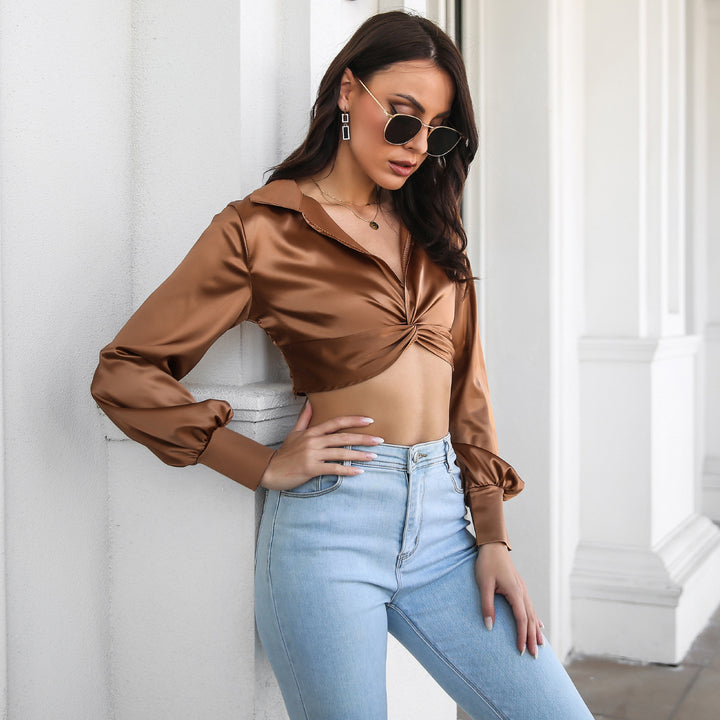 Dame cropped bluse med knudeformet design og voluminøse ærmer Stilla