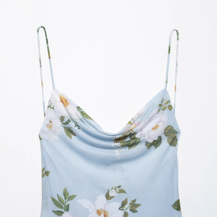 Femme Elegant Floral Cowl Neck Dress med Rullegardin Kant Stilla