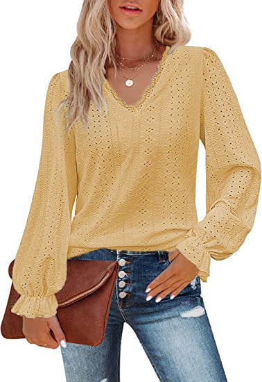 Dame elegant bluse med flæse detaljer og V-udskæring Stilla