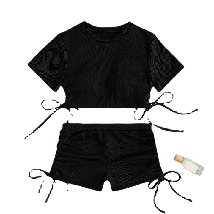 Dame Mode Ribbede Crop-Top og højhåndet Shorts-Sæt Stilla