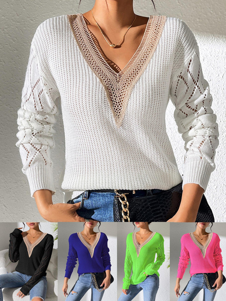 Dame V-hals sweater med fint hæklede mønster Stilla