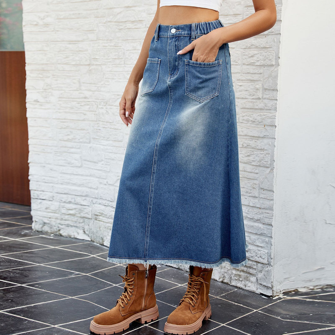 Dame denim-maxiskørt med elastisk talje og praktiske lommer Stilla