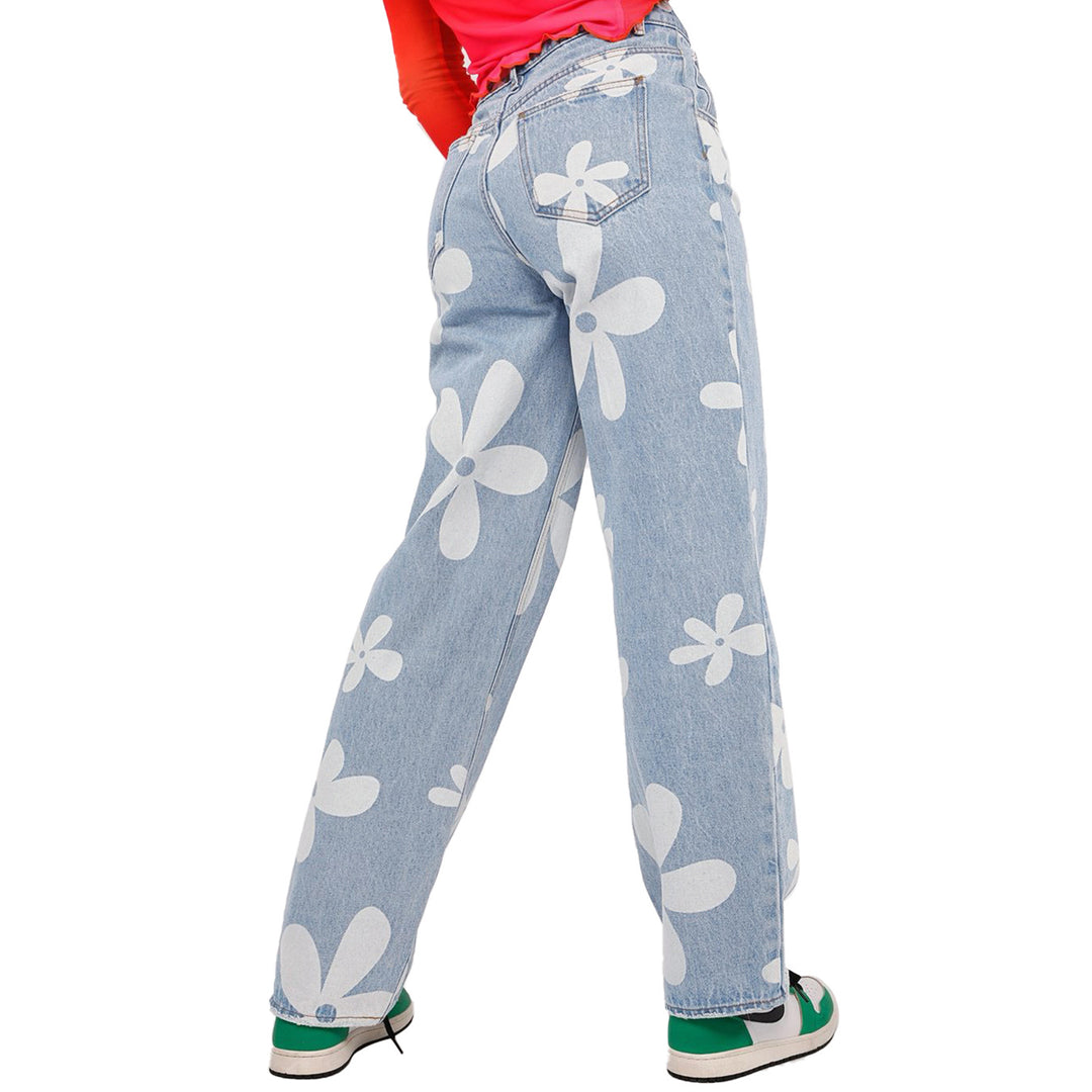 Dame brede jeans i retro-inspireret blomstermønster med høj talje Stilla