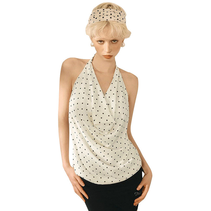 Damen Top mit elegantem Wasserfallausschnitt und Punktedesign Skovae