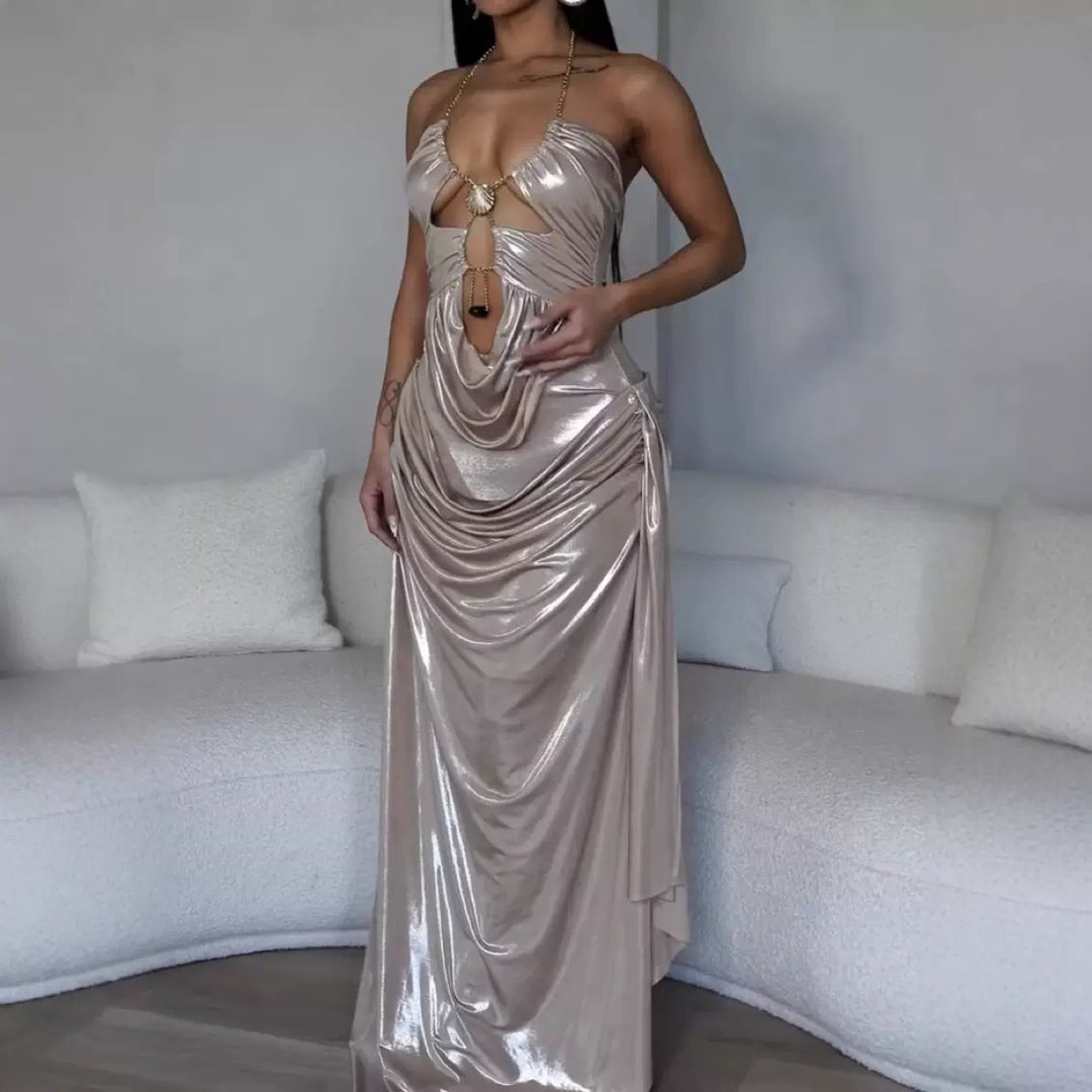 Kvindernes Glamourøse Maxi Kjole med Dybt V-Hals og Elegante Draperinger