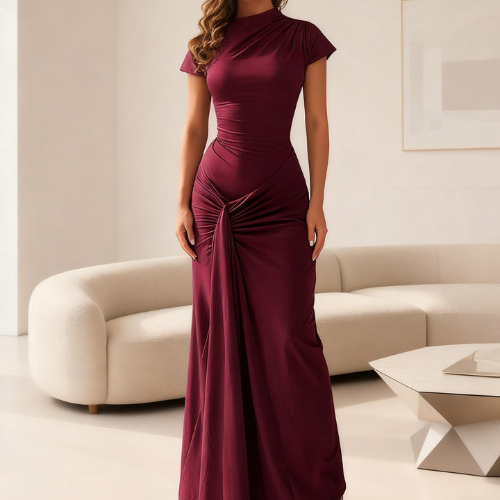 Dame Elegant Langærmet Maxi-kjole med drapering og figursyet snit Skovae