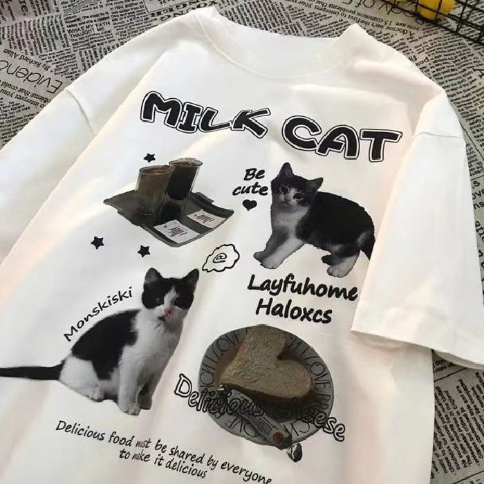 Dame T-shirt med kreativ katte-design og humoristisk tryk Stilla