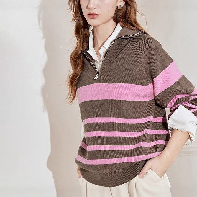 Dame hyggeligt strikket sweater med moderigtig halv-lynlås lukning Stilla
