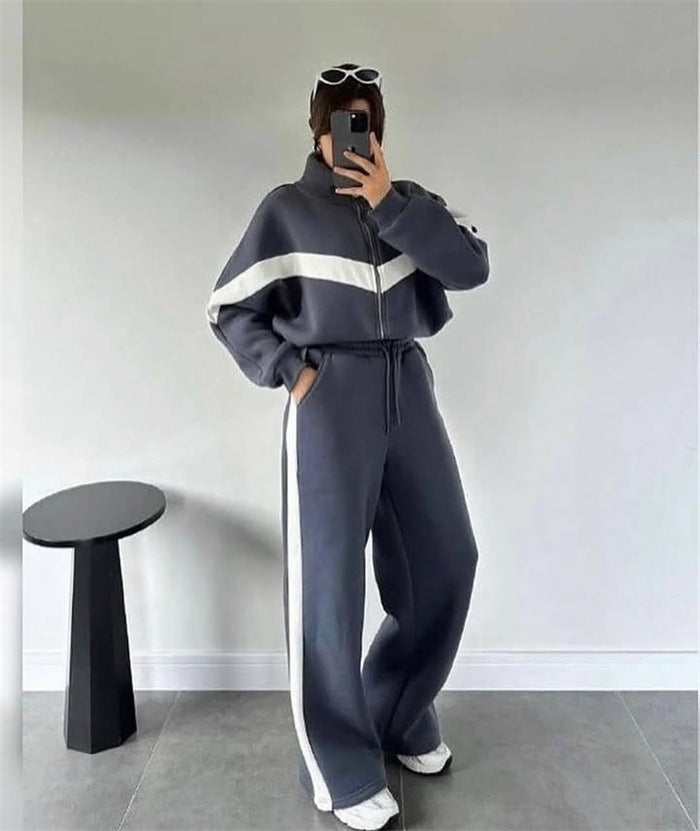 Kvinders sporty sweat sæt med høj krave og løs pasform