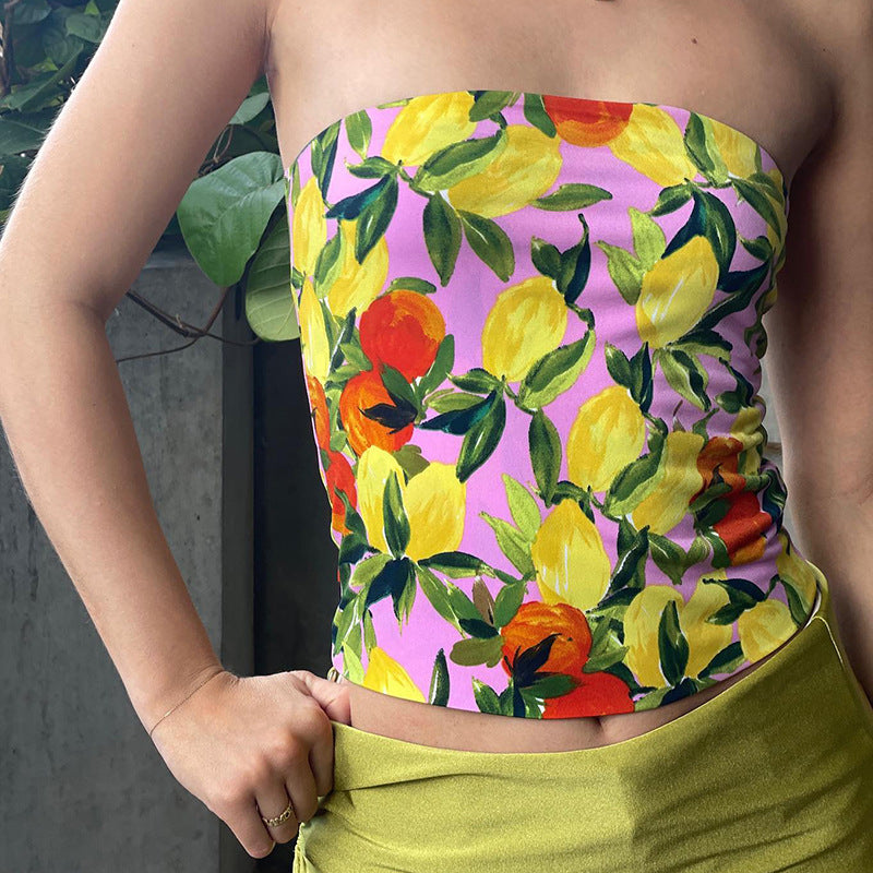 Dame Crop Top med frugtagtig mønster Skovae