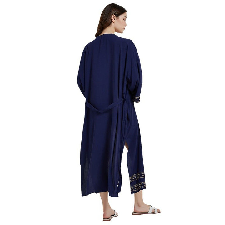 Dame lang Kaftan med elegant bælte og kunstnerisk mønster Stilla