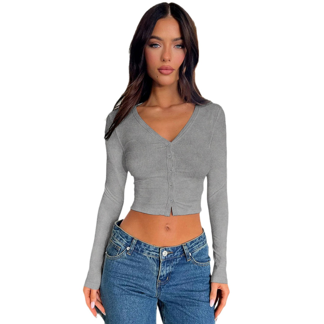 Dame cropped rib-top med knaplukning og dyb V-hals Stilla