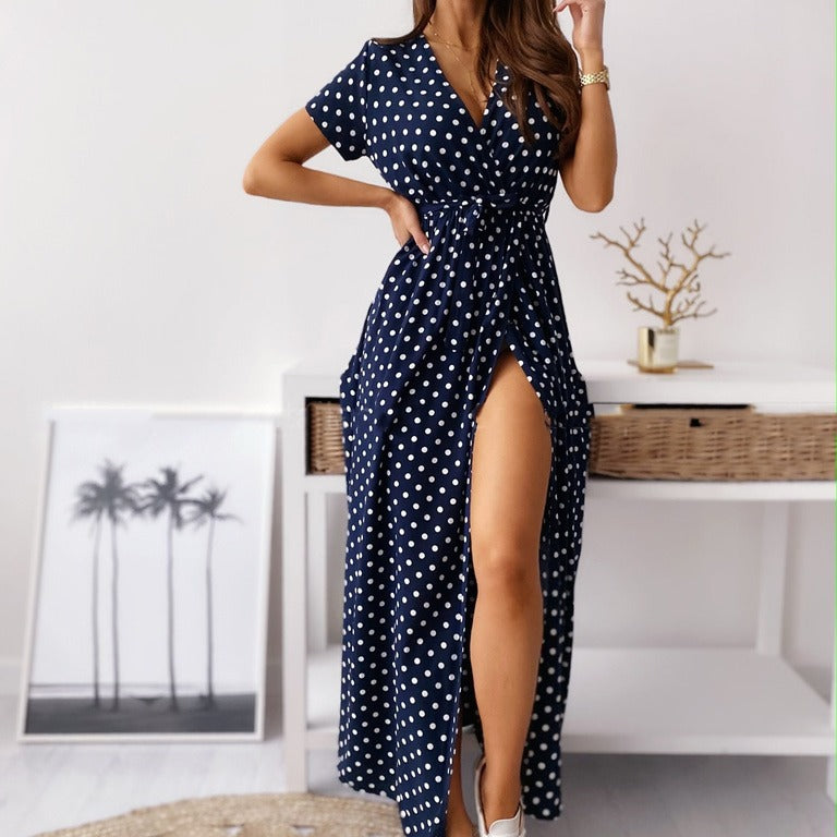 Dame Polka Dots Maxikjole med sideslids og bindebælte Stilla