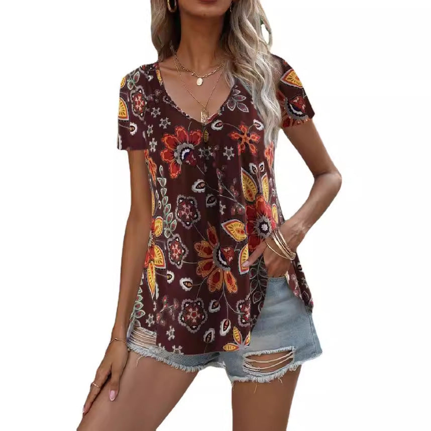 Dame lette kortærmet bluse med blomsterprint Skovae