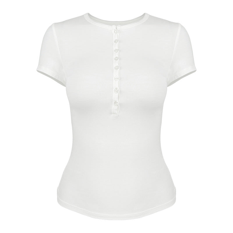 Dame kortærmet funktionsshirt med raffineret knapstolpe og elastisk snit Stilla
