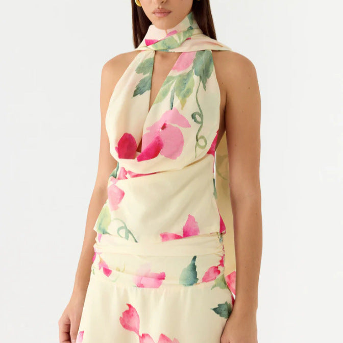 Damer Elegant chiffon-top med blomsterkrave og dyb udskæring Skovae