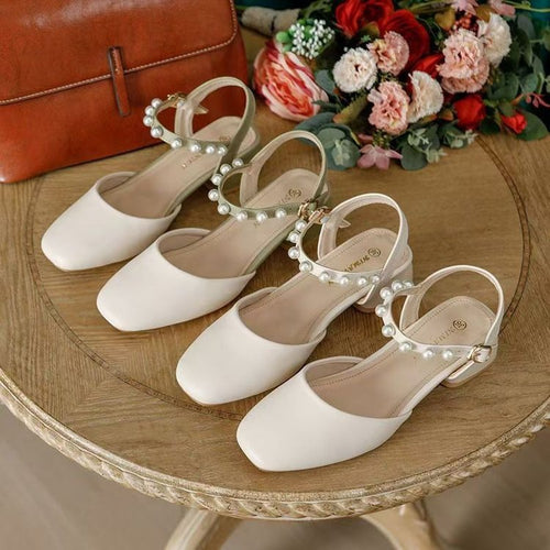 Dame Slingback-pumps med elegant perleapplikation og komfortabel blokhæl Stilla
