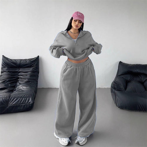 Dame sporty fleece loungewear sæt med høj krave og løs pasform Skovae