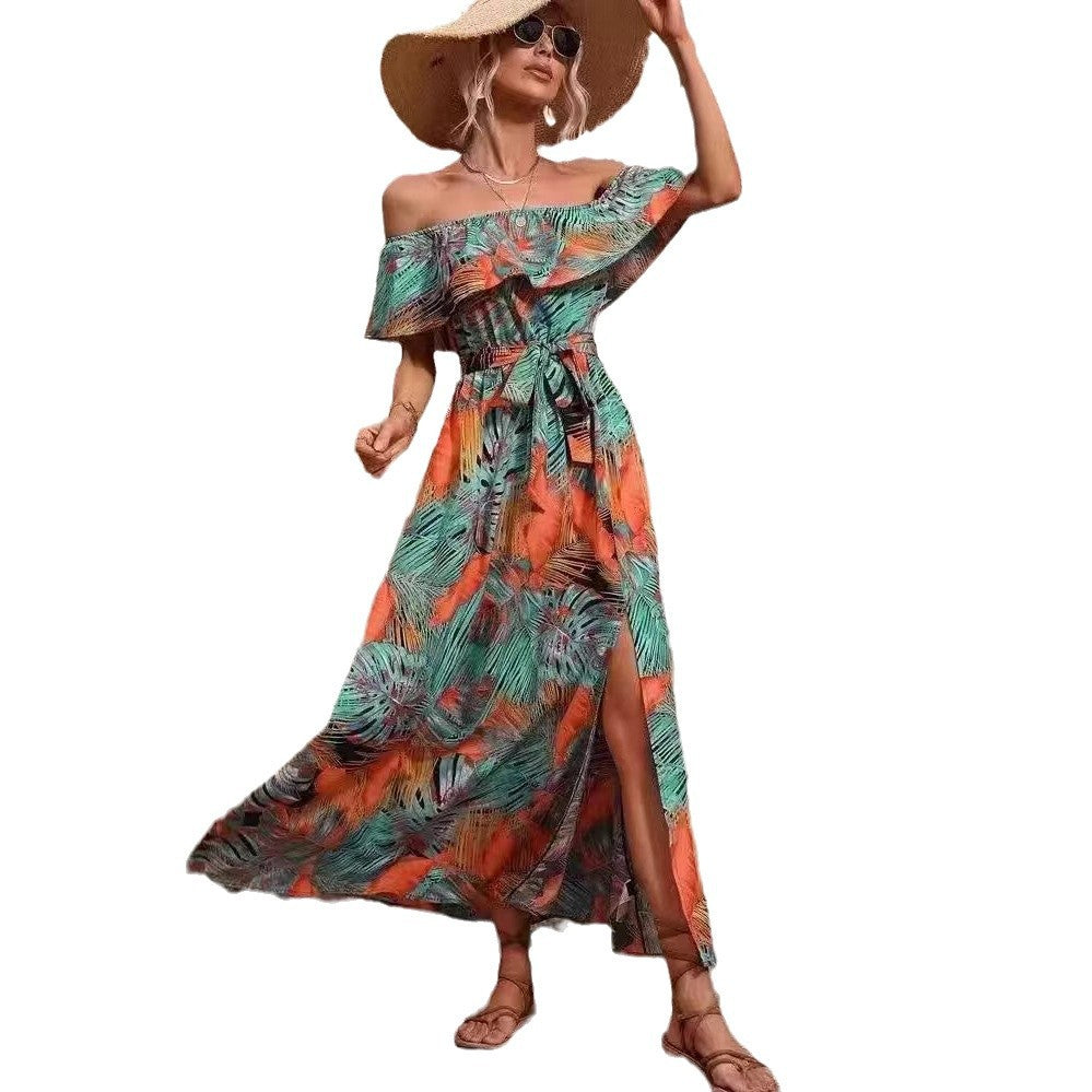 Dame Off-Shoulder Maxikjole med raffinerede volanger og høj slids Stilla