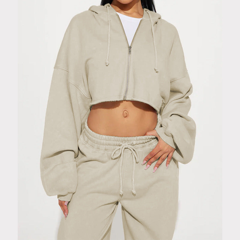 Kvinder casual cropped hoodie og brede joggingbukser sæt Skovae