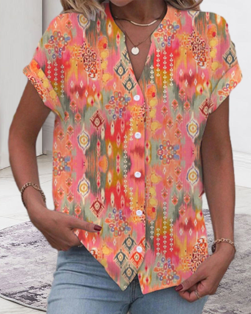 Dame kortærmet bluse med kunstnerisk Ikat-design Stilla