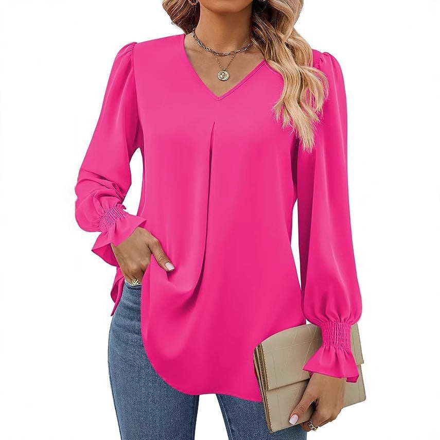 Dame Elegant Bluse med V-udskæring og Pufærmer Stilla