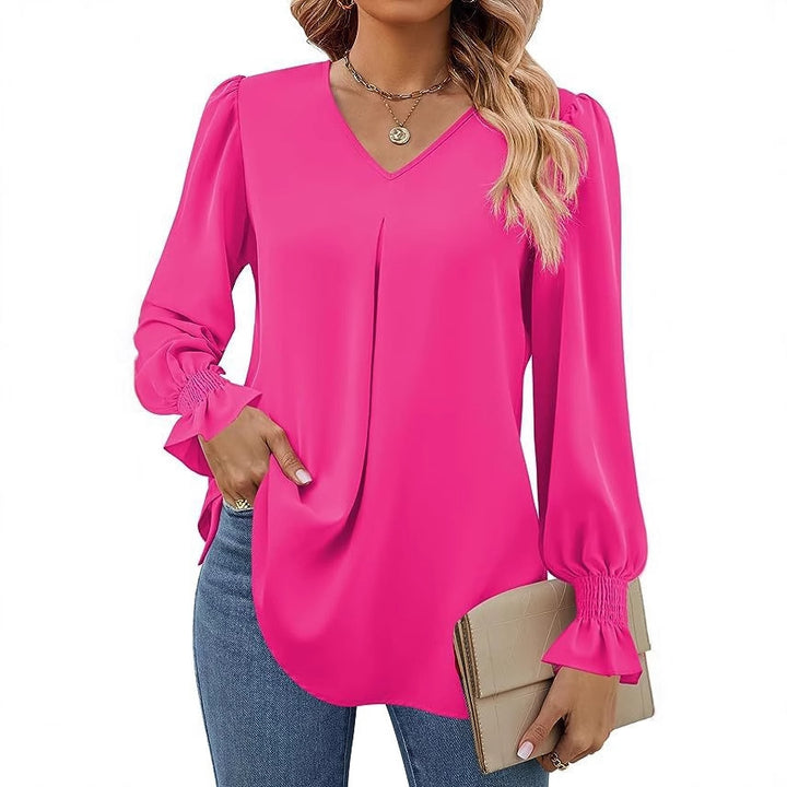 Dame Elegant Bluse med V-udskæring og Pufærmer Stilla