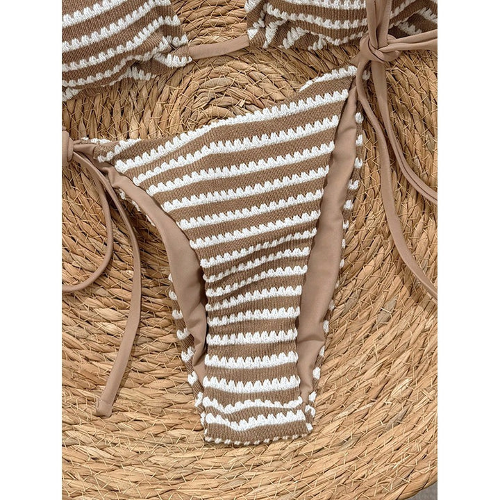 Dame triangel-bikini med fashionable stribemønster og justerbare bindebånd Skovae