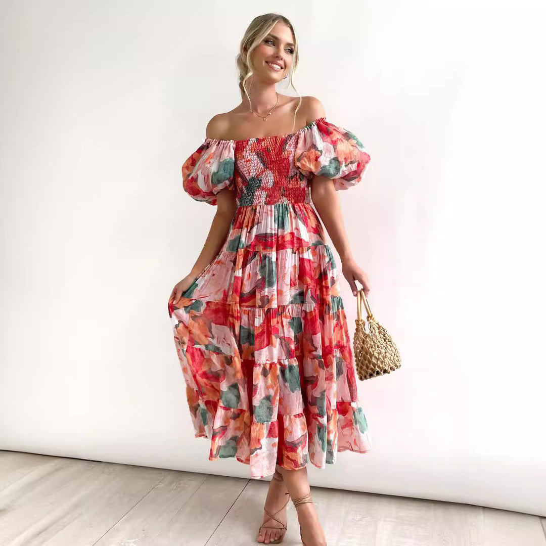 Dame sommerlig maxi kjole med off-shoulder skæring og luftige pufærmer Stilla