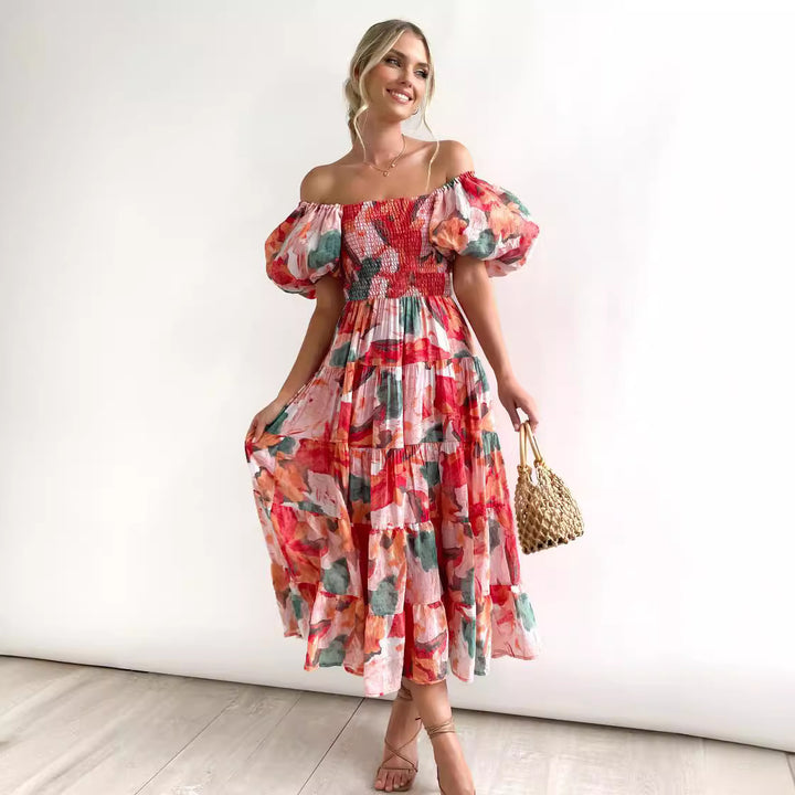 Dame sommerlig maxi kjole med off-shoulder skæring og luftige pufærmer Stilla