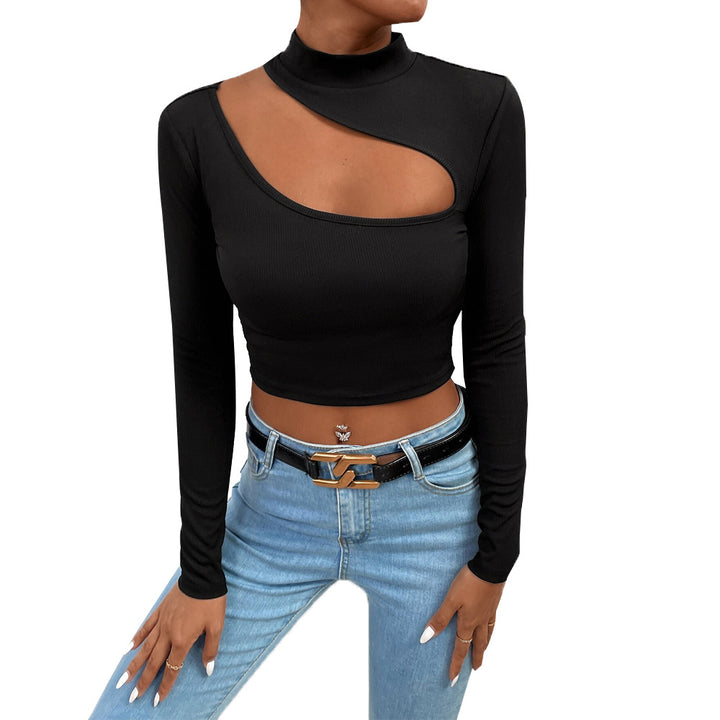 Kvinders langærmet crop top med asymmetrisk halsudskæring og elegant ståkrave Stilla