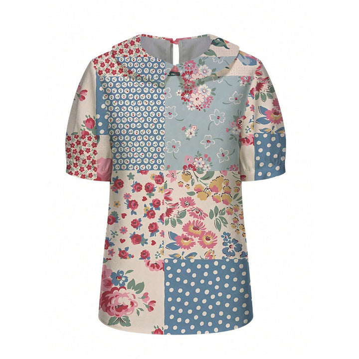 Dame kortærmet bluse med florale accenter og klassisk krave Skovae