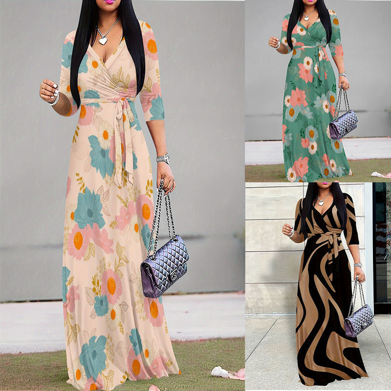 Dame Floral Wrap Maxi Kjole med justerbart bånd Stilla