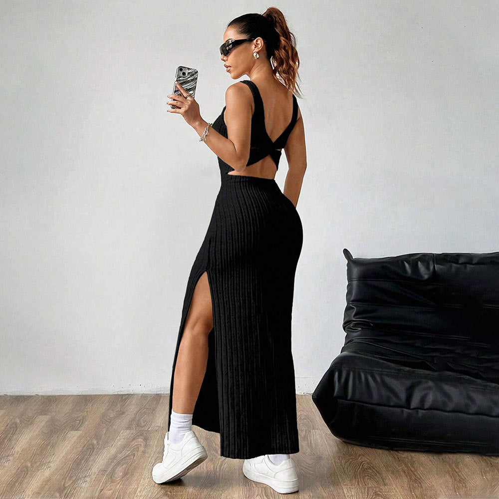 Damerne maxi kjole med elegant rib mønster og sidesk slit Stilla
